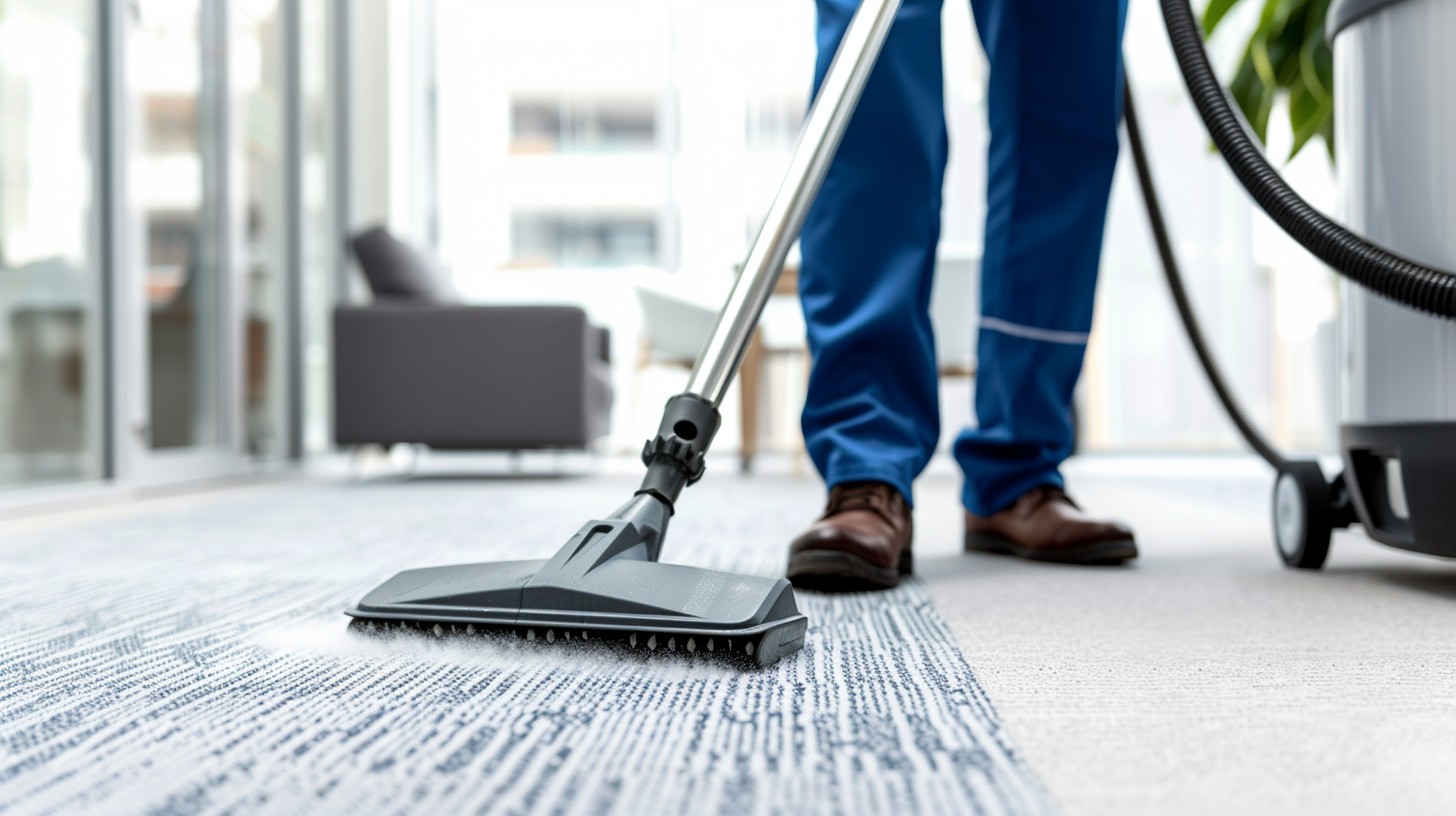 experienced carpet cleaner in uniform operating a heavy-duty Kärcher hot water extraction machine